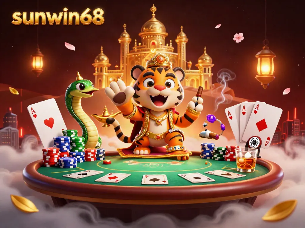 Enjoy the thrill of poker with sunwin68 in this vibrant 3D casino illustration.