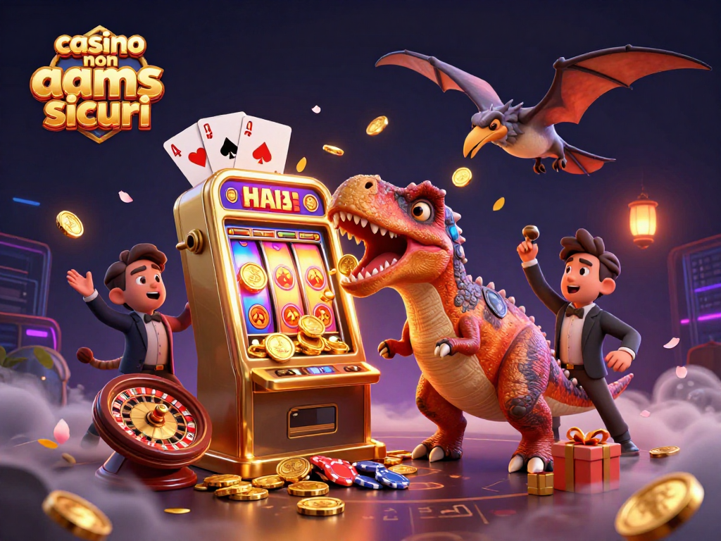 Scopri il casinò non AAMS sicuri mentre un pachicefalosauro colpisce una slot machine dorata e centinaia di monete dorate volano nel cielo.