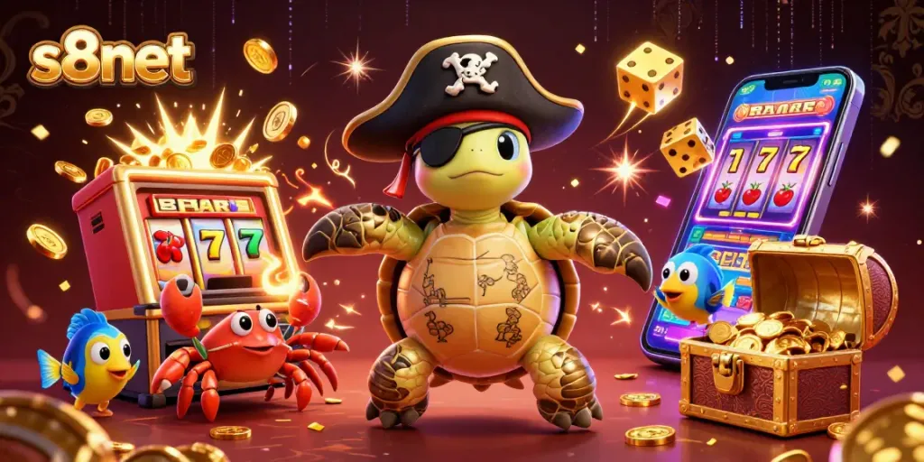 Experience thrilling games at s8net with a colorful casino atmosphere featuring a pirate turtle!