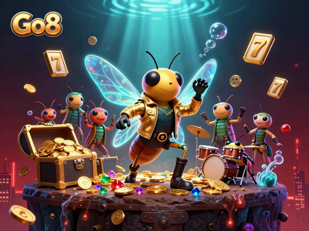 Spin to win with Go8's vibrant slots scene featuring dynamic characters and gold treasures.