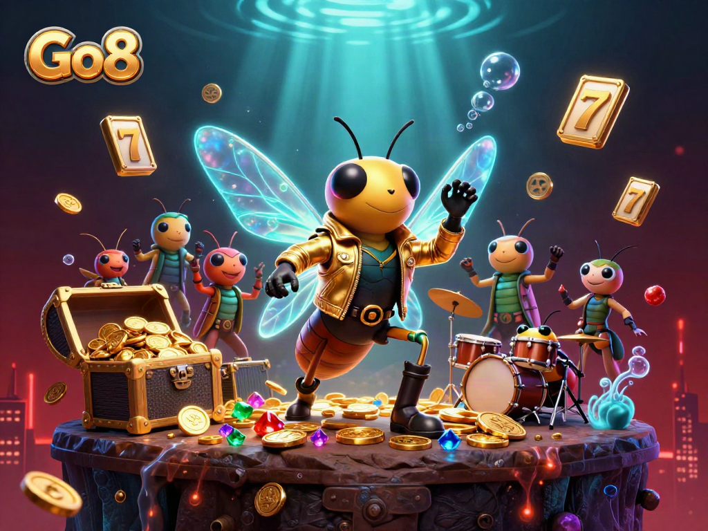 Spin to win with Go8's vibrant slots scene featuring dynamic characters and gold treasures.