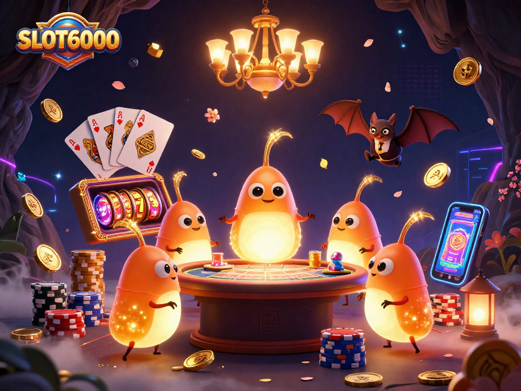SLOT6000 glows in a vibrant casino scene with bioluminescent characters and dynamic slot reels.
