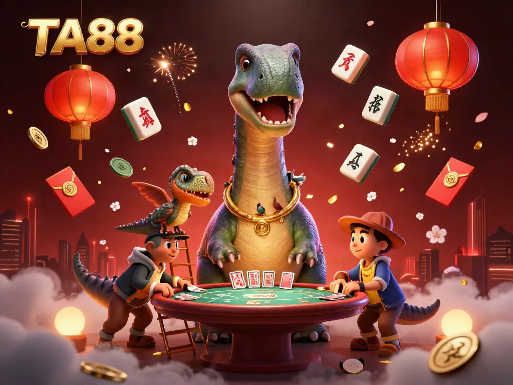 Engage in thrilling casino action with TA88 featuring a giant brontosaurus and vibrant game elements.