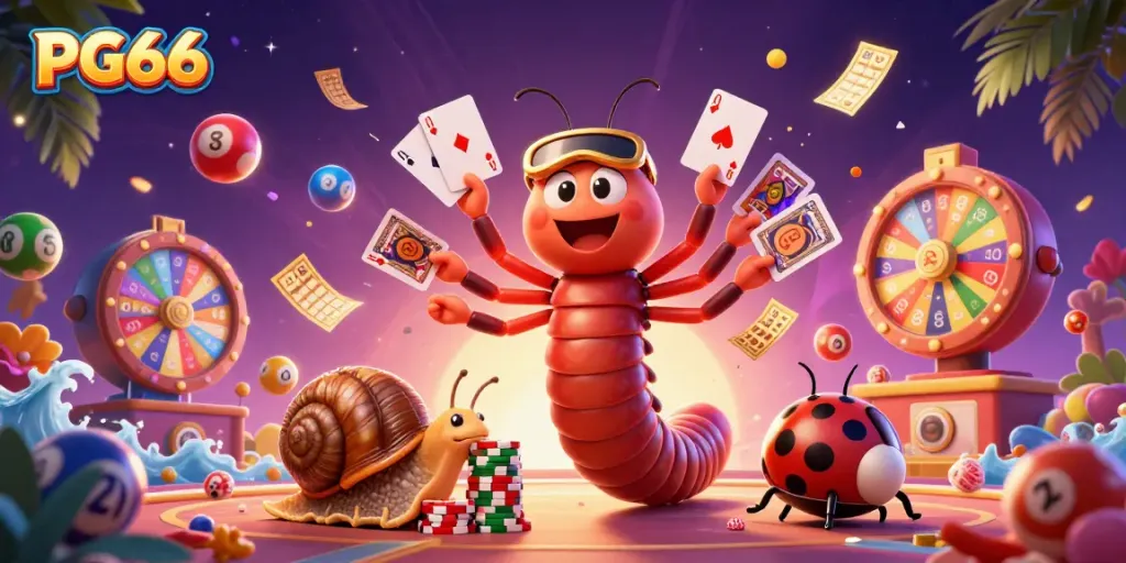 Experience PG66's thrilling gaming atmosphere with animated characters showcasing vibrant casino elements.