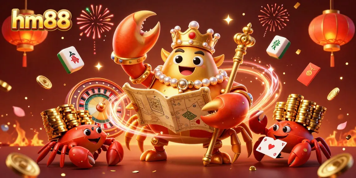 Experience high-stakes fun with hm88’s massive crab emperor in a vibrant casino scene.