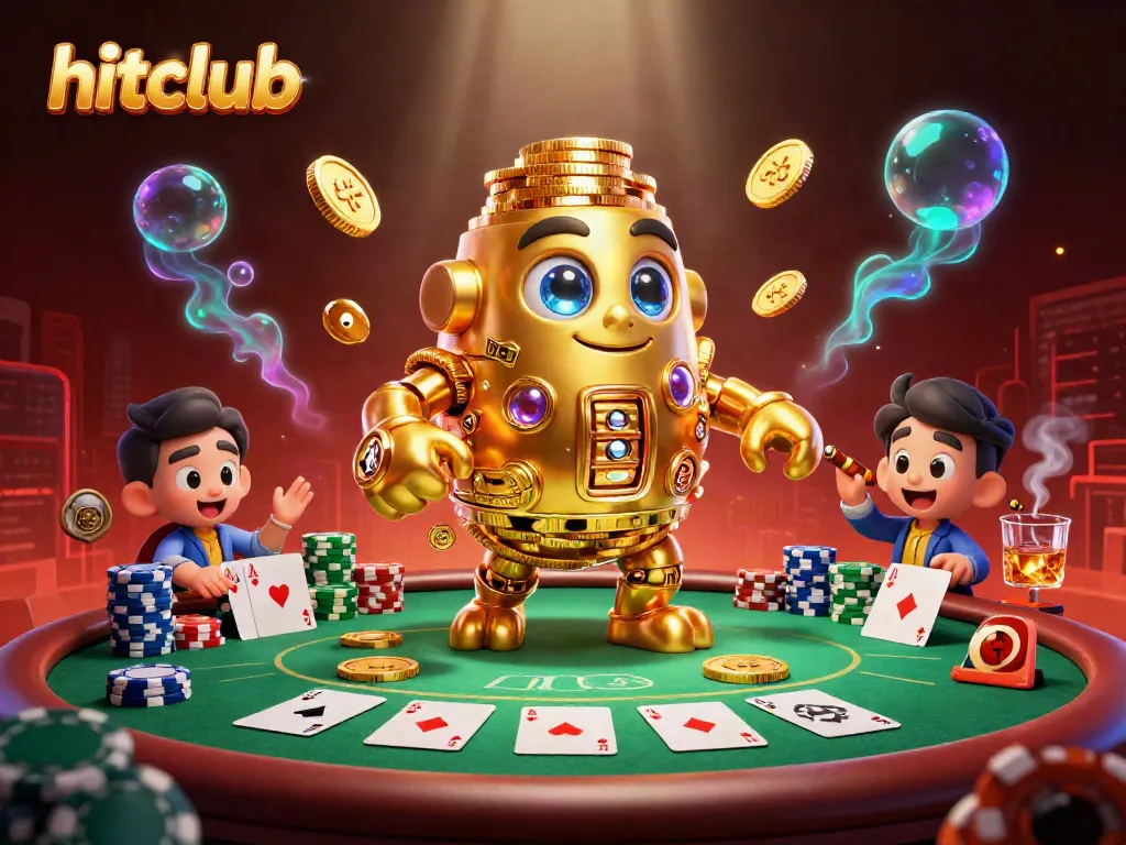 Hitclub showcases a vibrant scene of a golden golem amidst poker elements, enhancing gambling excitement.