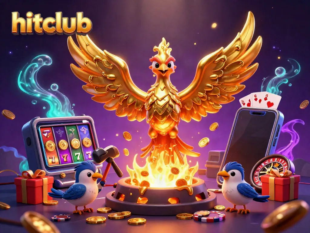 Experience thrilling wins with hitclub, featuring a golden phoenix, slot games, and vibrant casino elements.