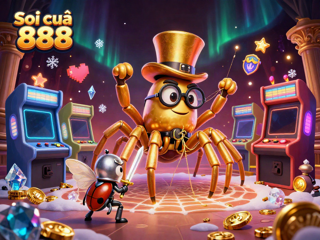 Soi cầu 888 showcases a golden tarantula and beetle knight in an engaging casino-themed scene.