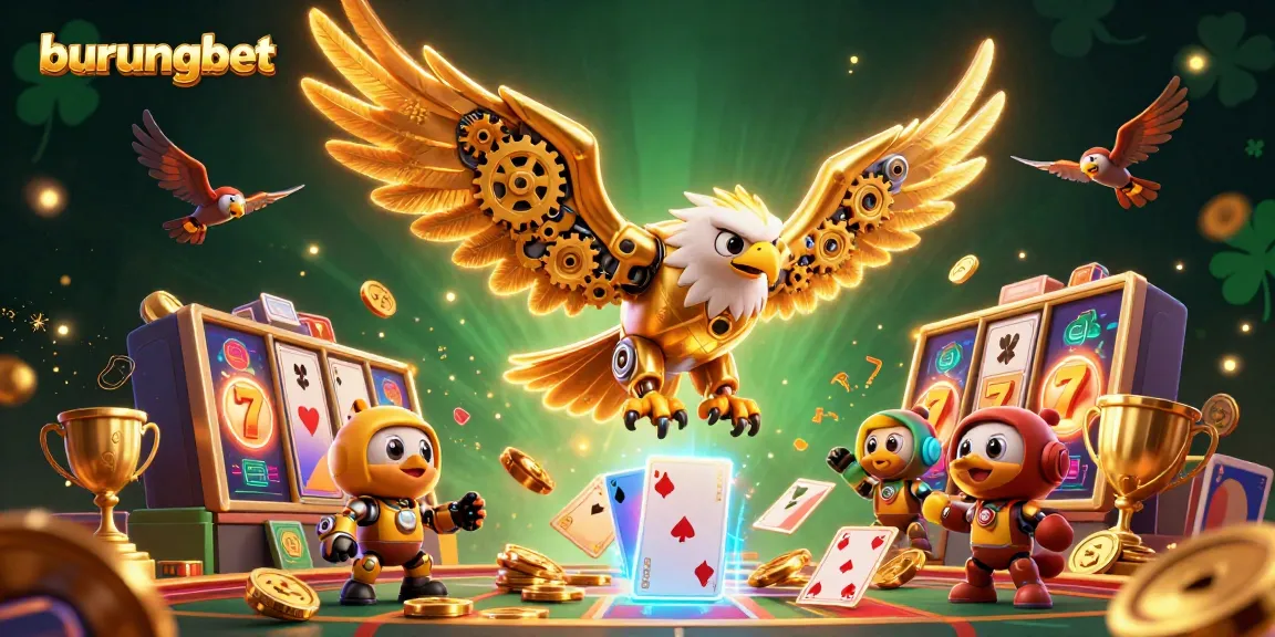 Bermain di burungbet, dengan simbol jackpot dan gulungan slot yang mengisi layar.