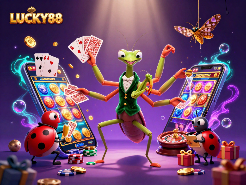 Experience LUCKY88 dynamics with vibrant 3D casino characters, cards, and game elements in an action-packed scene.