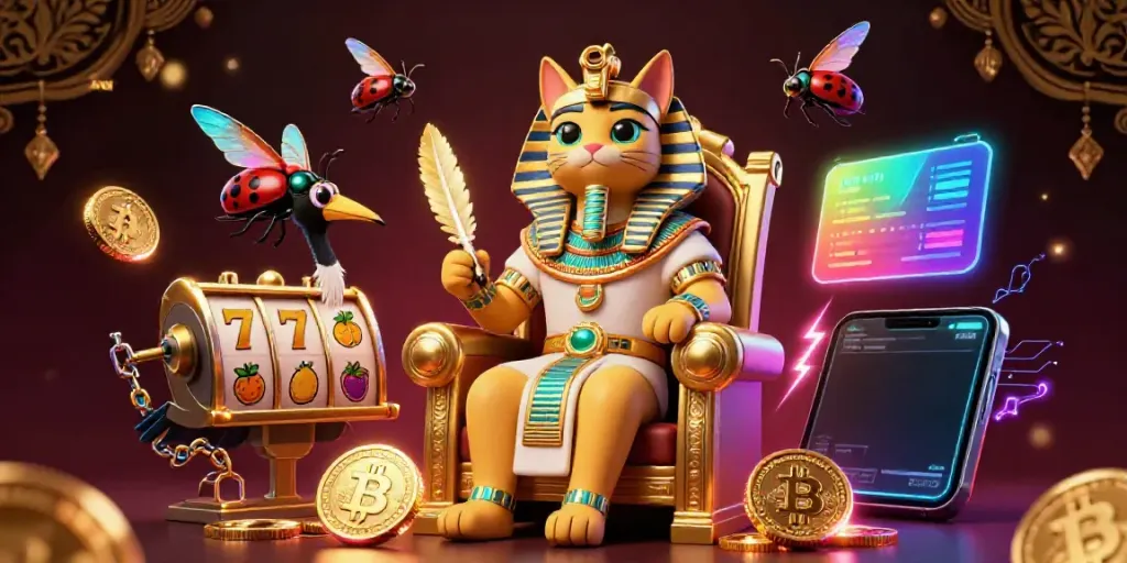 The SUNWIN pharaoh cat dominates this vibrant online casino scene featuring slot symbols and crypto elements.