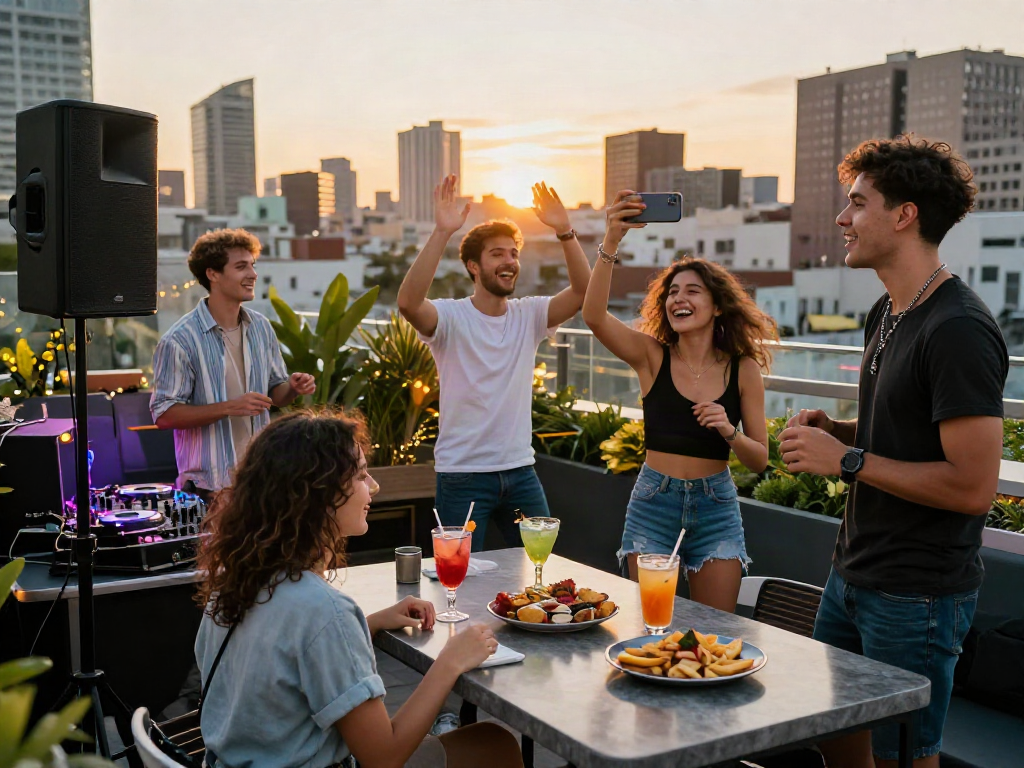 18+ ai vibrant rooftop party scene with cocktails and city skyline