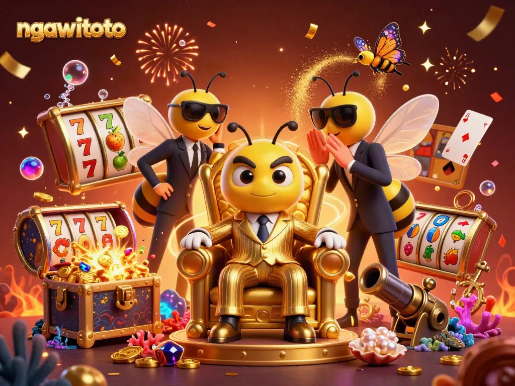 Gambarkan boss mob lebah dan pengawal tawon di ruang tahta Ngawitoto lengkap dengan simbol slot dan permata.
