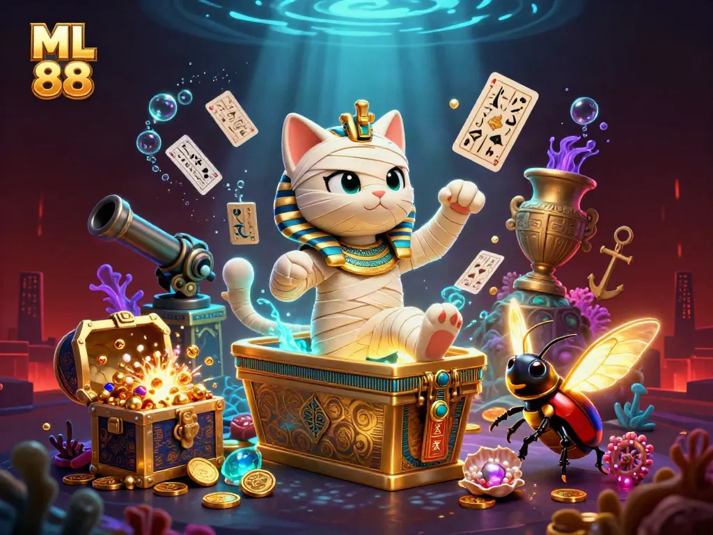 Engage in thrilling gaming adventures with ML 88, featuring a cartoon Egyptian mummy cat in a lavish casino.