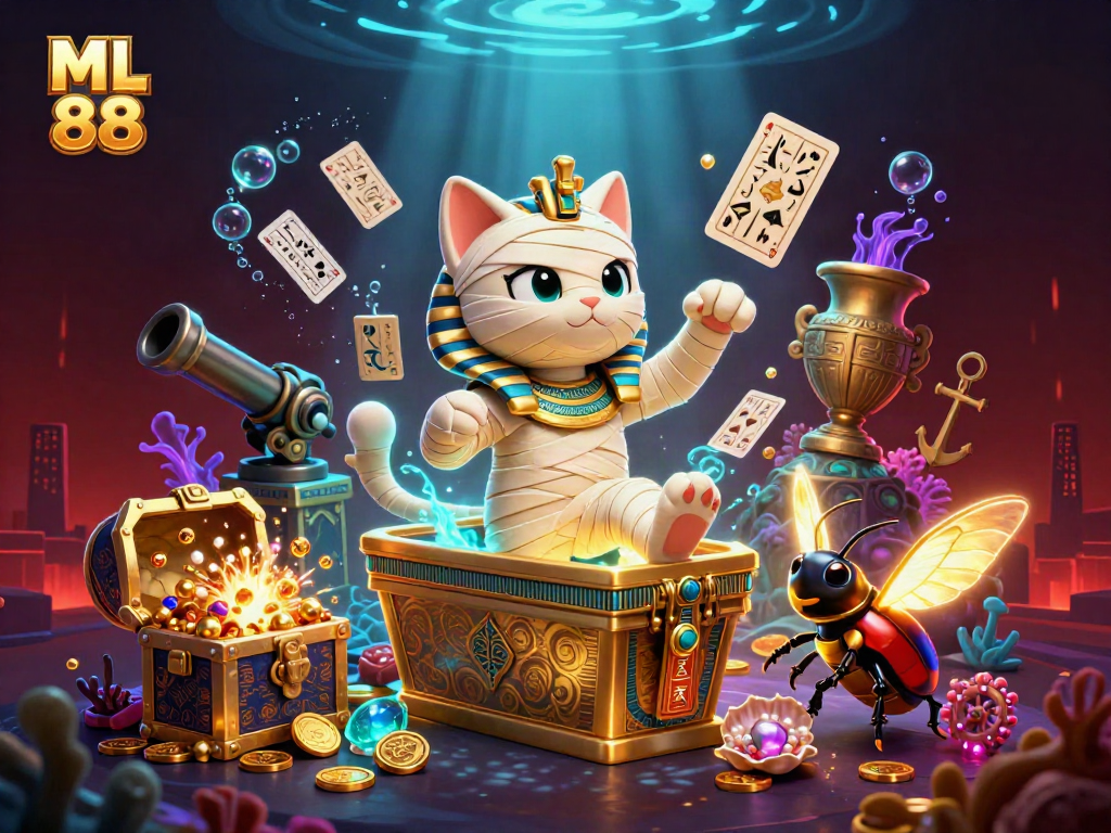 Engage in thrilling gaming adventures with ML 88, featuring a cartoon Egyptian mummy cat in a lavish casino.