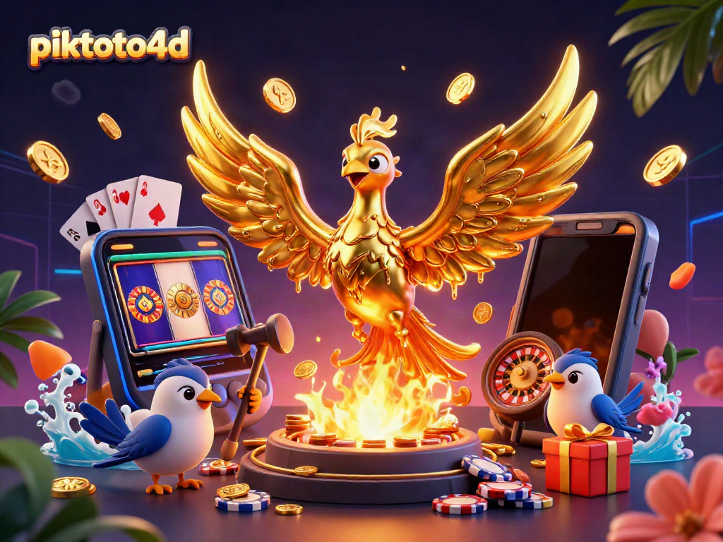 Experience the excitement of piktoto4d with a dynamic golden phoenix and casino elements.