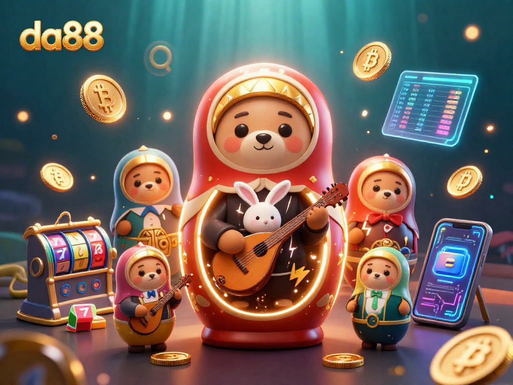 Experience the excitement of da88 with a vibrant 3D casino scene featuring playful Matryoshka bears and crypto elements.