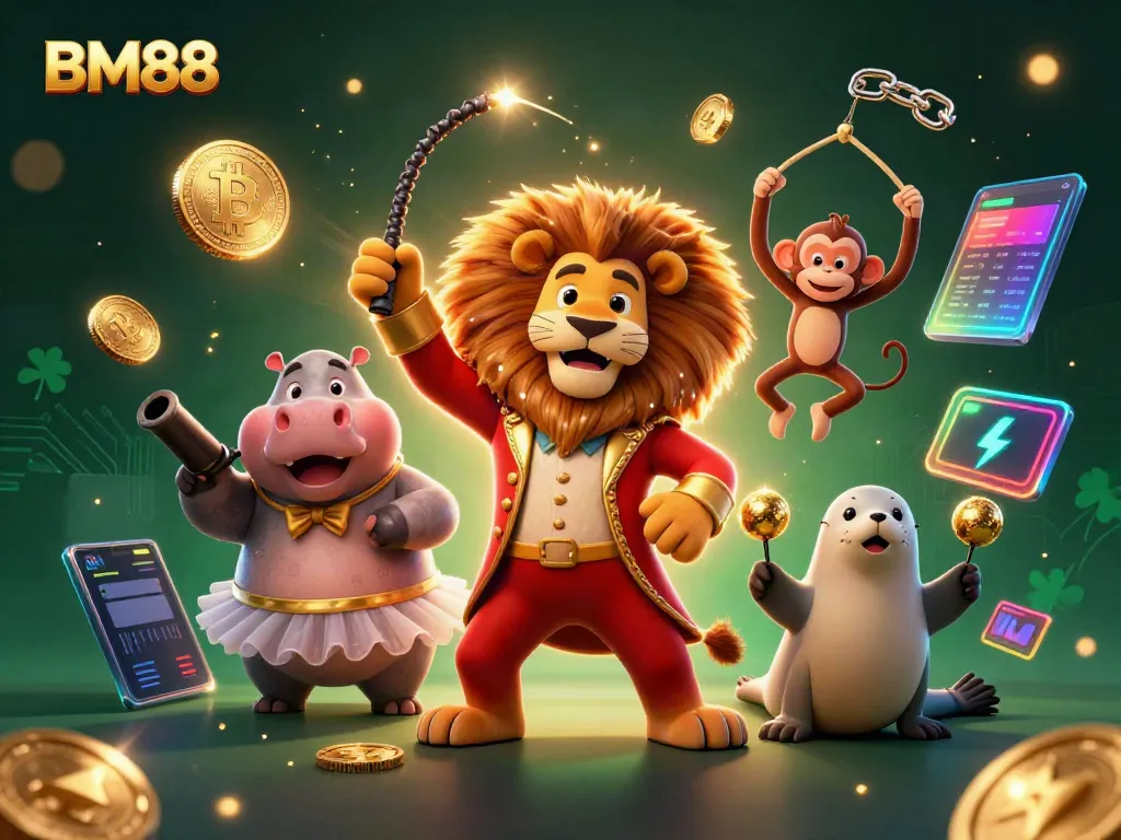 Experience the excitement of BM88 in a vibrant casino-themed 3D illustration bursting with action.
