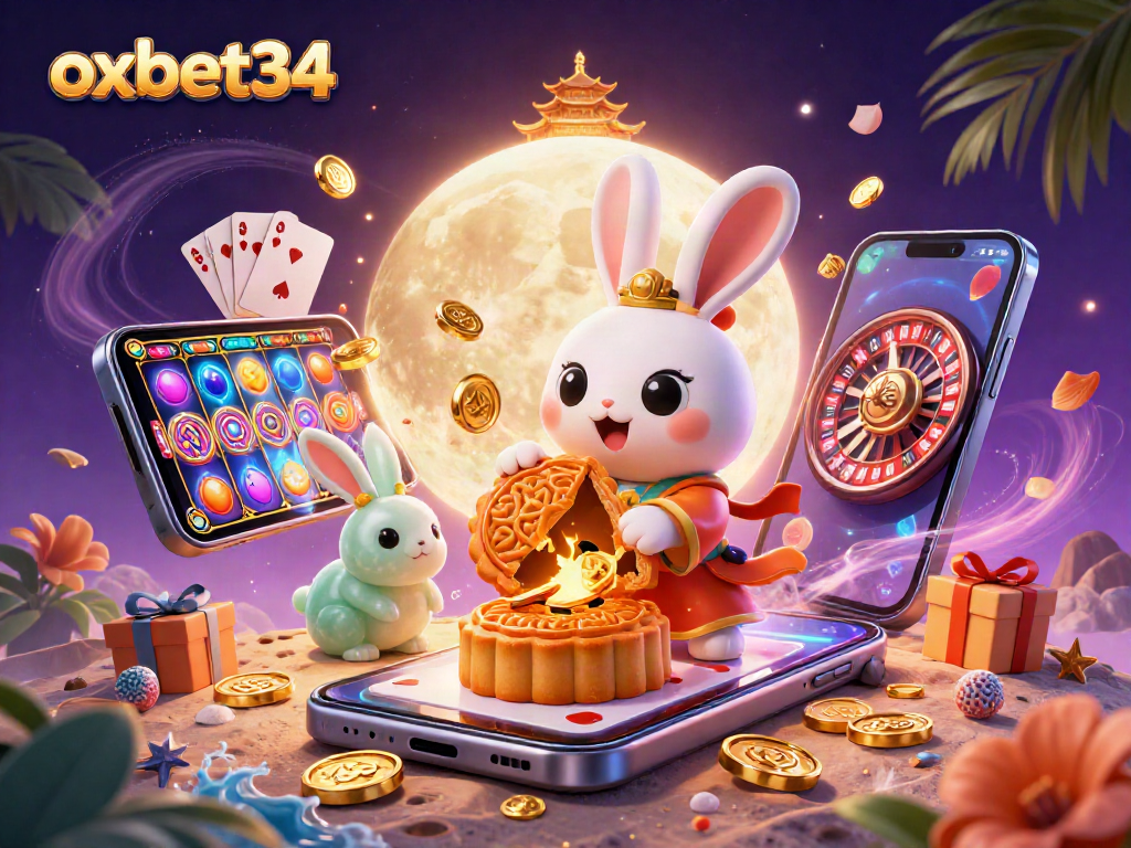 Experience exciting gaming at oxbet34 with a moon rabbit revealing poker chips in a vibrant casino scene.