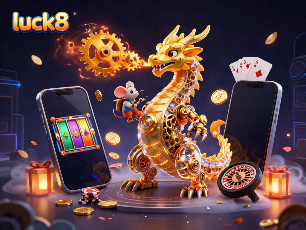 Experience luck8 with a dynamic 3D dragon and gaming elements exploding in color and excitement.
