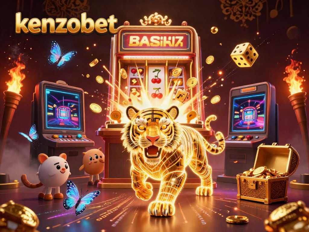 Experience kenzobet with an engaging scene of a golden tiger and casino elements bursting with excitement.