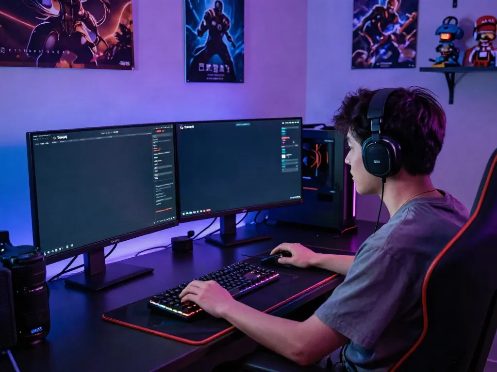 Player engaged in online gaming at https://sunwint4.com/ showcasing a focused atmosphere with gaming gear.