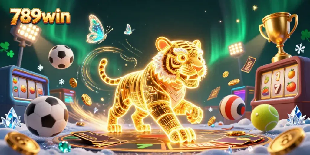 Experience thrilling gameplay with 789win featuring an energetic casino scene packed with sports elements and a radiant tiger.