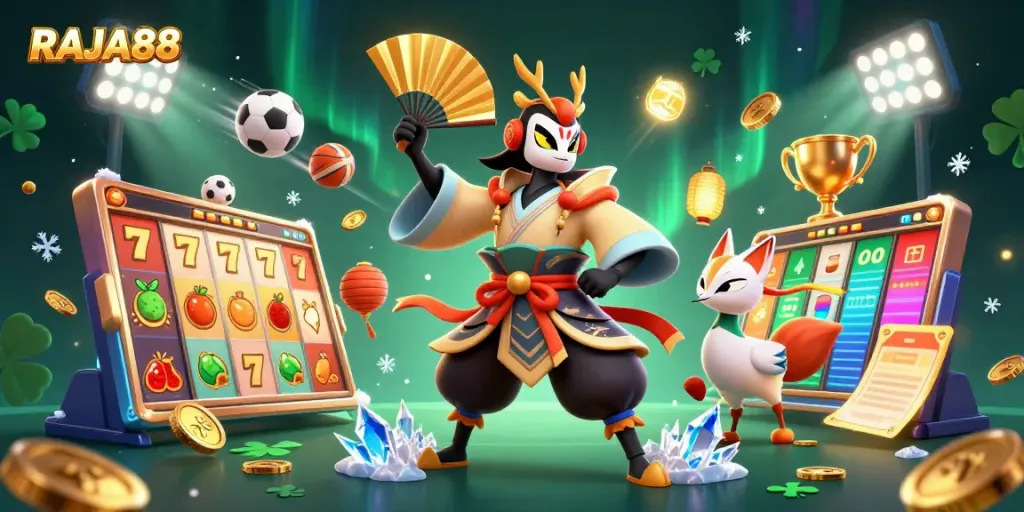 Engaging scene showcasing RAJA88 with dynamic slot reels, kabuki characters, and sports elements.