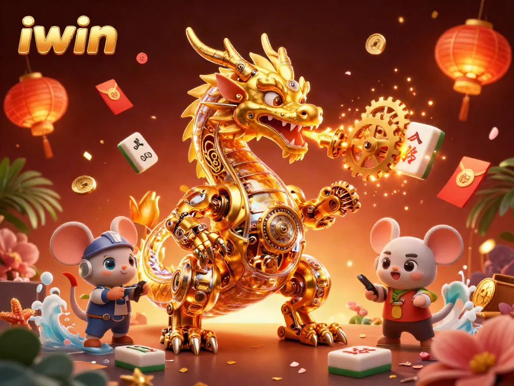 iwin fosters thrilling gameplay with a golden dragon breathing gears amidst vibrant casino elements