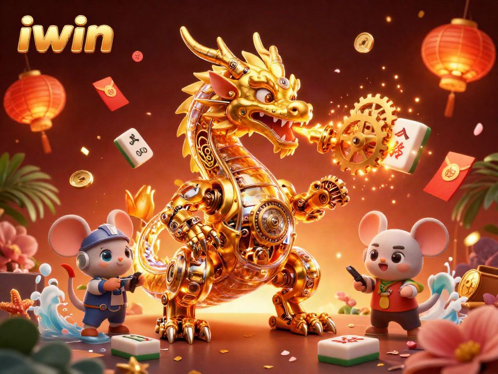 iwin fosters thrilling gameplay with a golden dragon breathing gears amidst vibrant casino elements