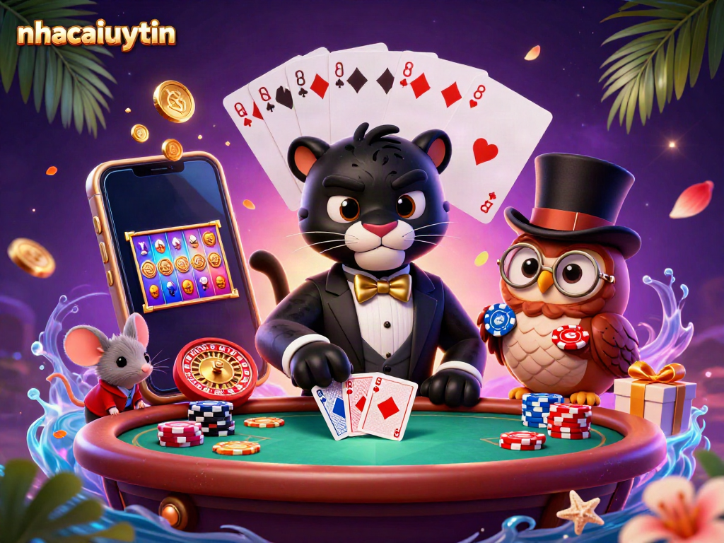 Engage in thrilling action at nhacaiuytin with a stylish panther dealing cards, complemented by an owl and lucky mouse amidst vibrant casino elements.