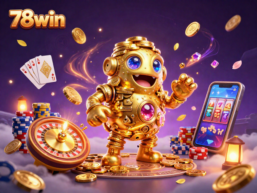 Experience the excitement of 78win casino with vibrant golden coins, spinning reels, and lively gaming elements.