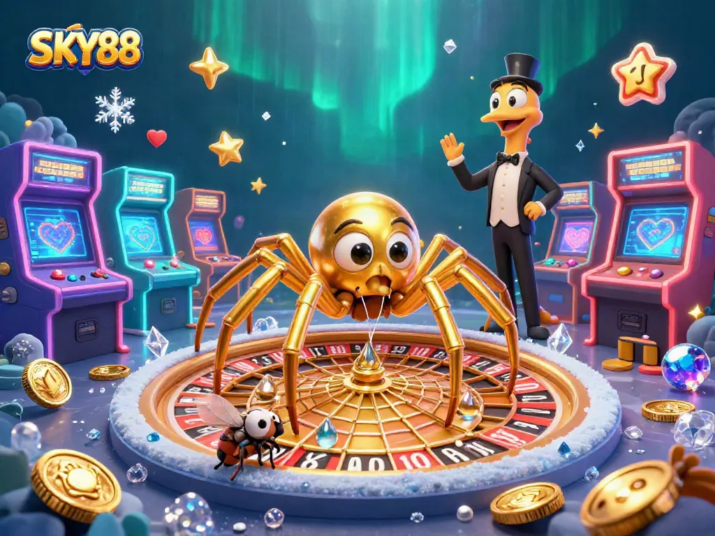 Experience winning bets at SKY88 with a golden spider spinning a roulette wheel in a dynamic casino scene.