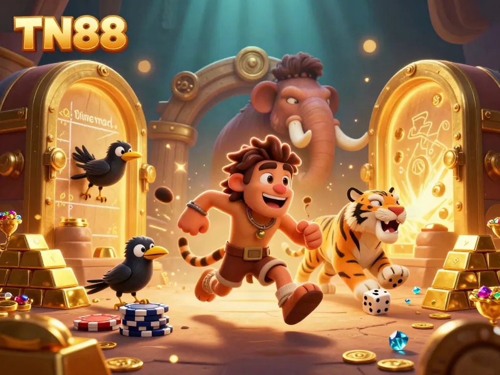 Experience the excitement of TN88 in a vibrant prehistoric casino scene filled with treasures and gaming action.