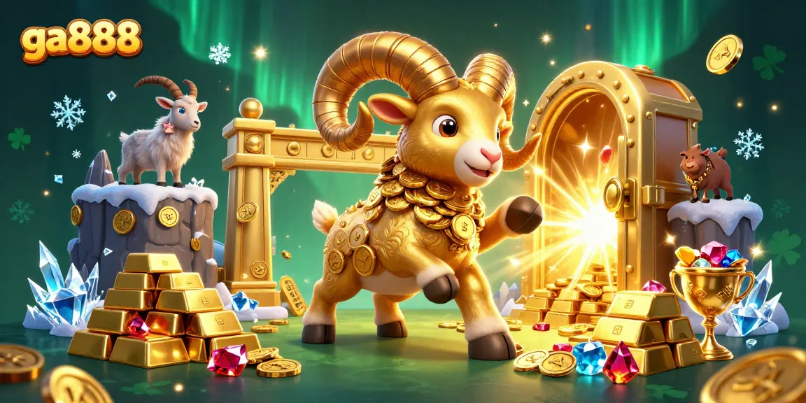Engage with the ga888 golden ram mascot charging through a treasure vault filled with riches.