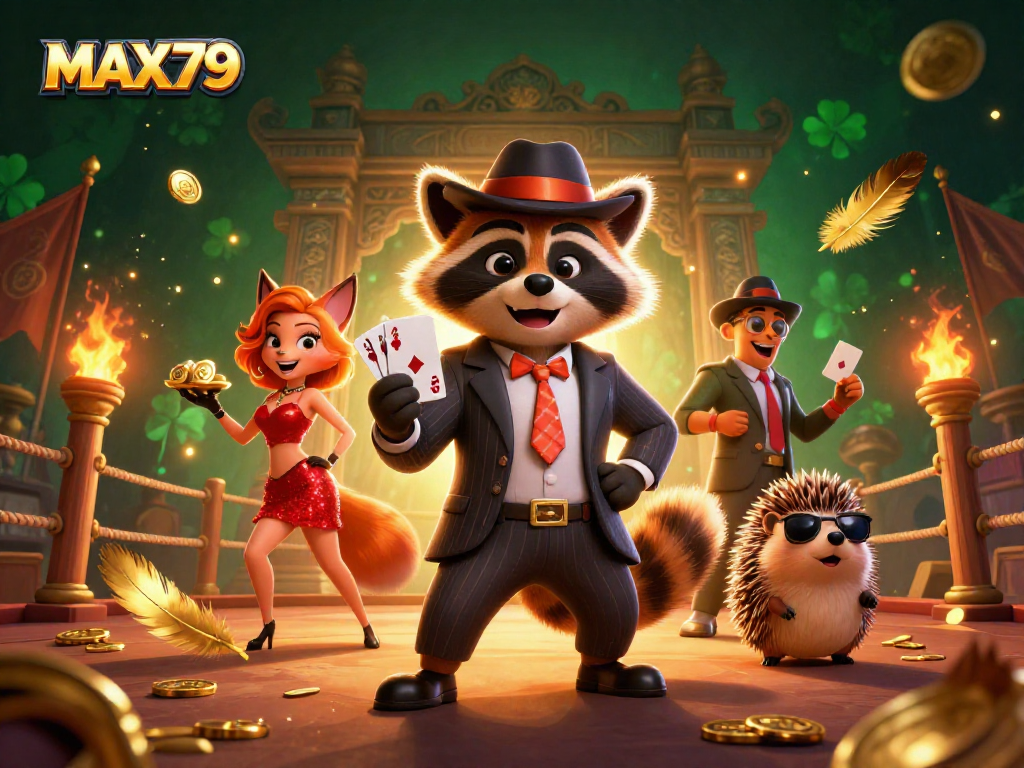Engage with MAX79's 3D casino adventure featuring a suave raccoon, a stylish fox, and a bouncer amidst dynamic gaming elements.