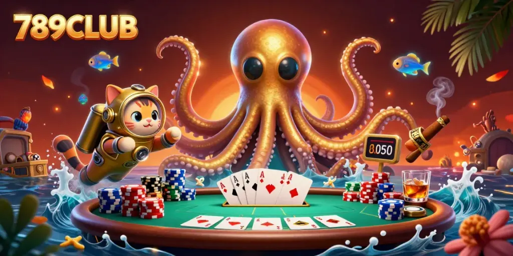Engage in thrilling gameplay with 789CLUB as the kraken and diving cat explore the poker underworld.