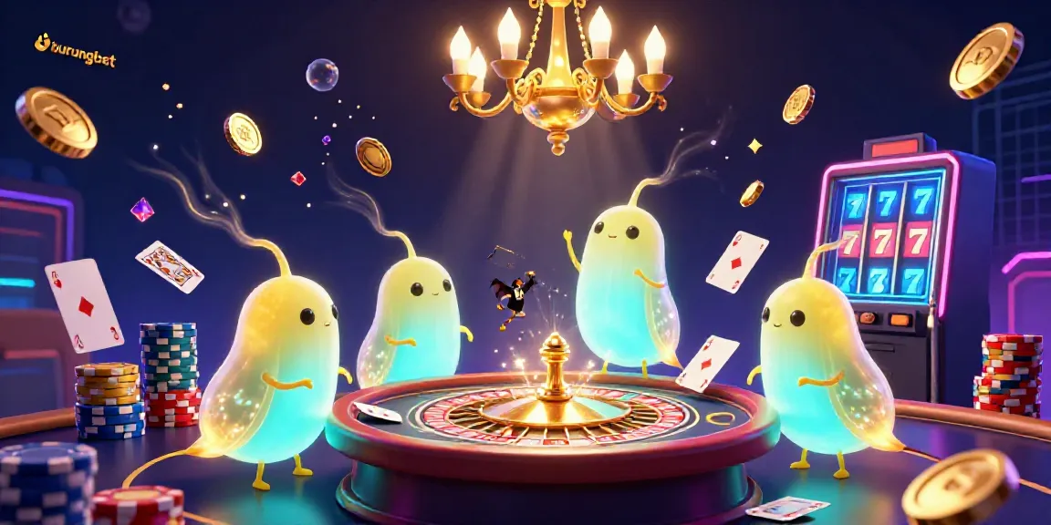 Experience the excitement of burungbet in a lively casino scene lit by glowworms with gold coins and gems.