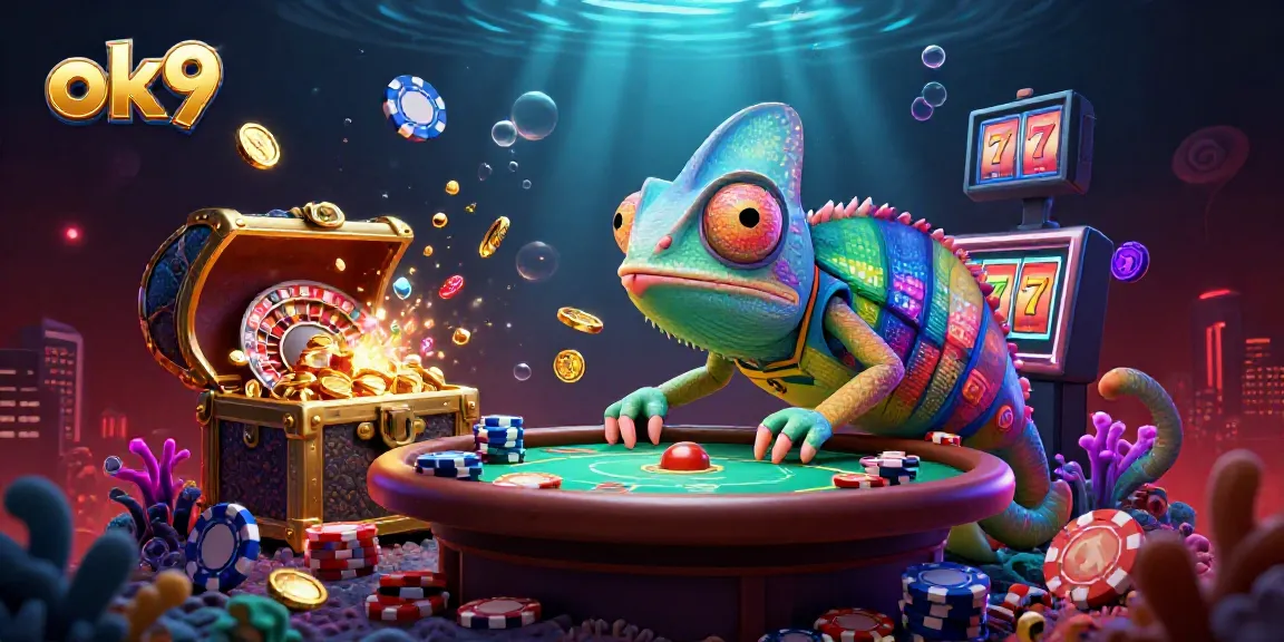 Engage in winning strategies at ok9 with vibrant casino games and energetic chameleon mascot.