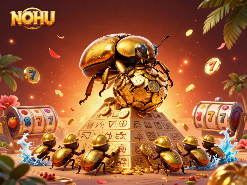 Experience the thrill with NOHU in this vibrant casino-themed illustration featuring golden symbols and slot reels.