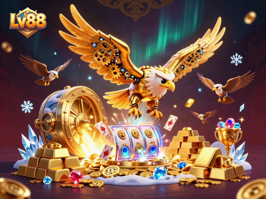 Experience thrilling wins with Lv88 in vibrant 3D casino illustration packed with excitement.