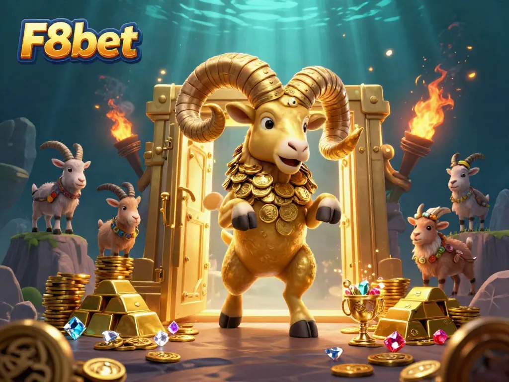 Experience the thrill of F8bet with a dynamic 3D scene showcasing golden treasures and a charging ram.