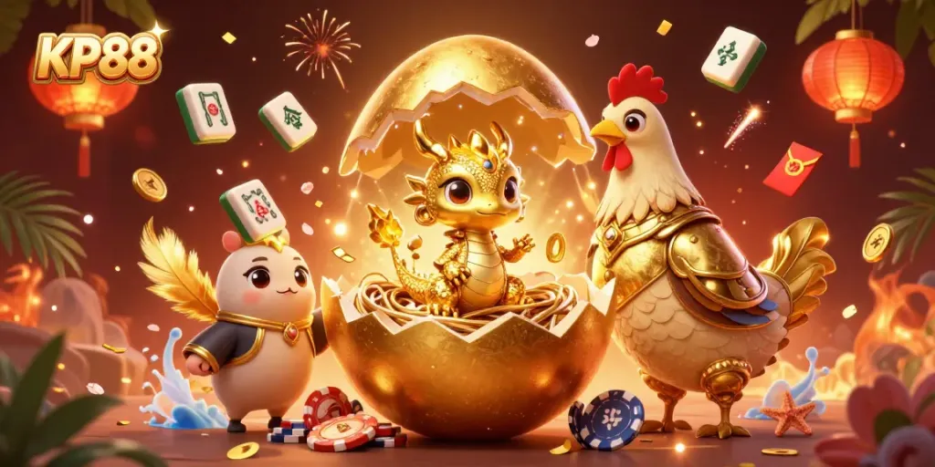 Engage with KP88's vibrant casino scene featuring a golden egg, baby dragon, and poker chips.