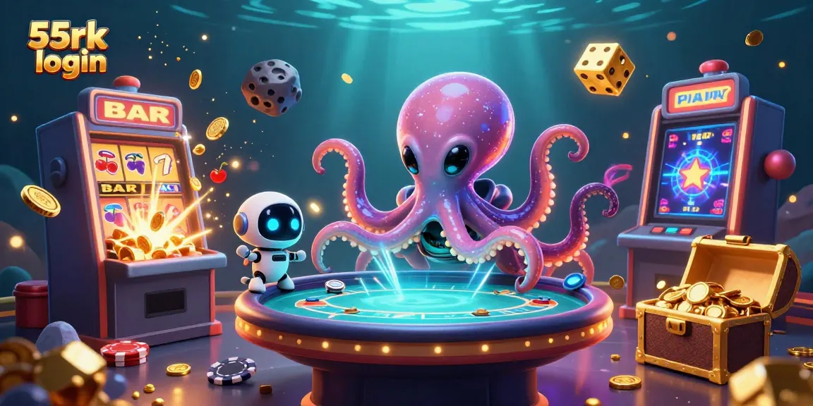 Experience excitement at 55rk login with a vibrant scene featuring aliens at a poker table amidst dynamic casino elements.