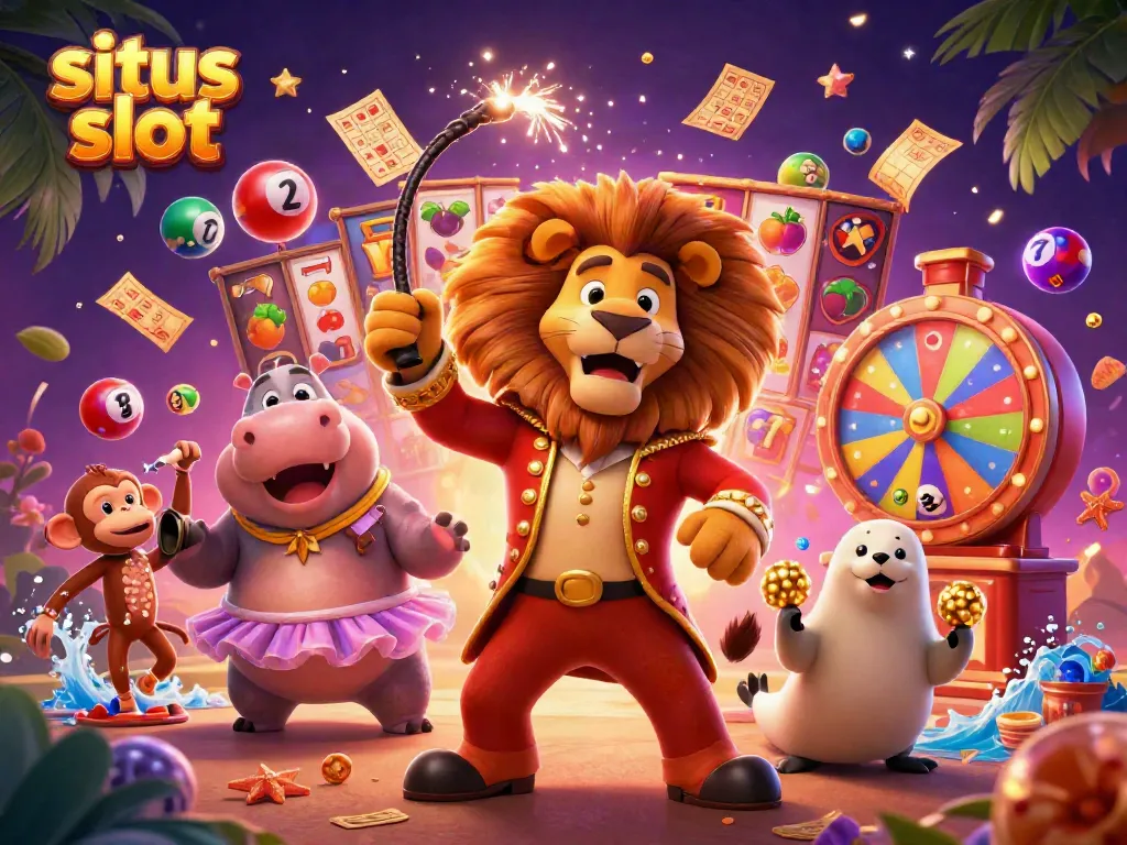 Engaging illustration for situs slot featuring a circus lion, hippo, monkey, and seal amidst dynamic casino elements.