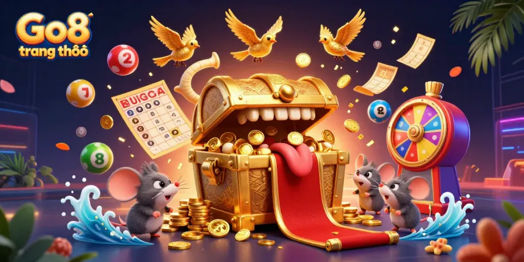 Spin to win with vibrant lottery balls and Go8 trang chủ treasures in a captivating 3D scene.