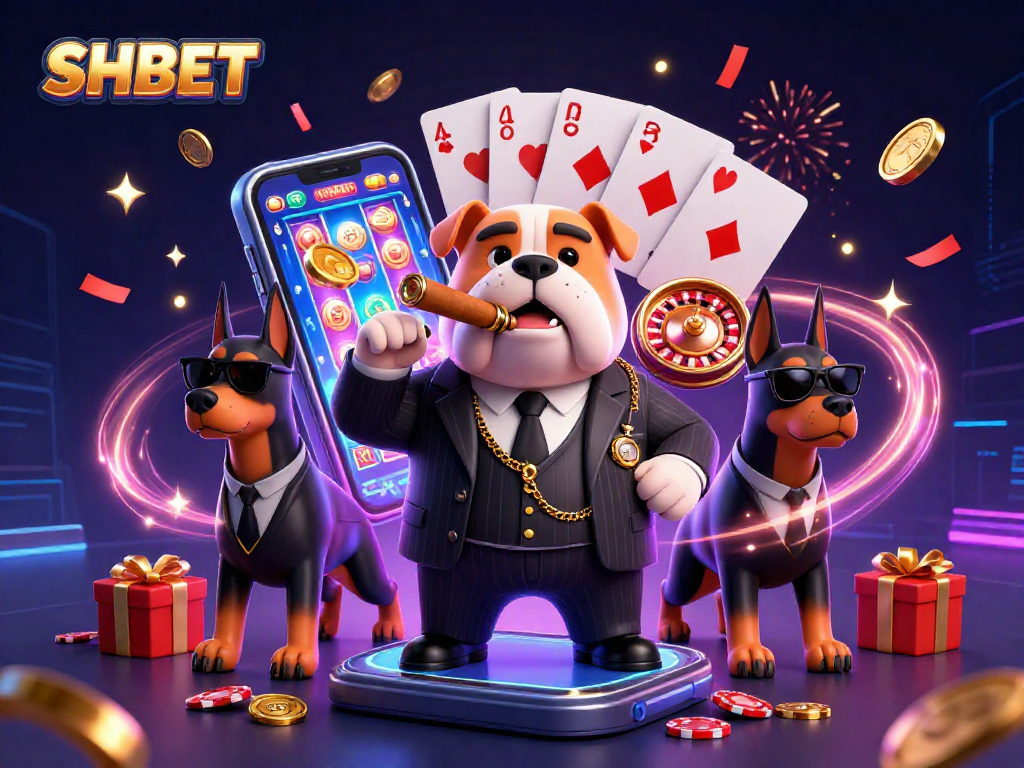 Engaging 3D illustration showcasing SHBET with a mafia bulldog and Doberman bodyguards amid casino games.