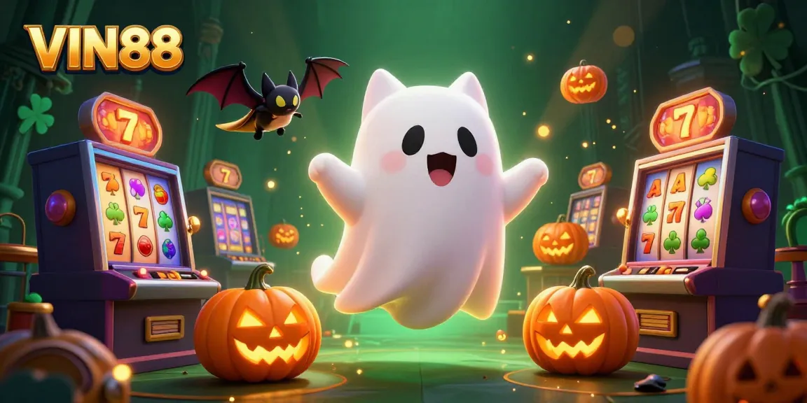 Experience the thrills of VIN88 in a haunted casino with vibrant characters and exciting slot elements.