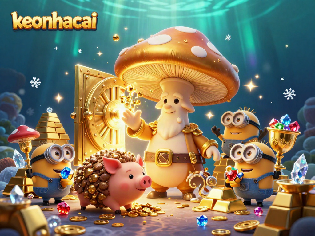 Experience keonhacai magic with a golden mushroom wizard and treasure in a vibrant casino scene.