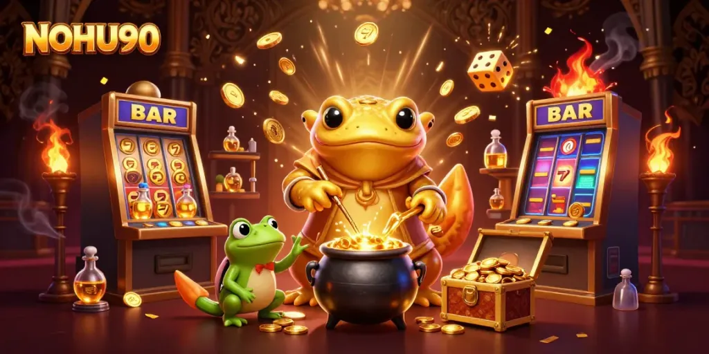 Experience the enchanting world of NOHU90 with a golden alchemist, frogs, and thrilling casino elements.